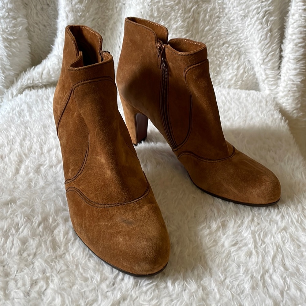 Chie Mihara suede heeled booties cognac tan brown luxury
